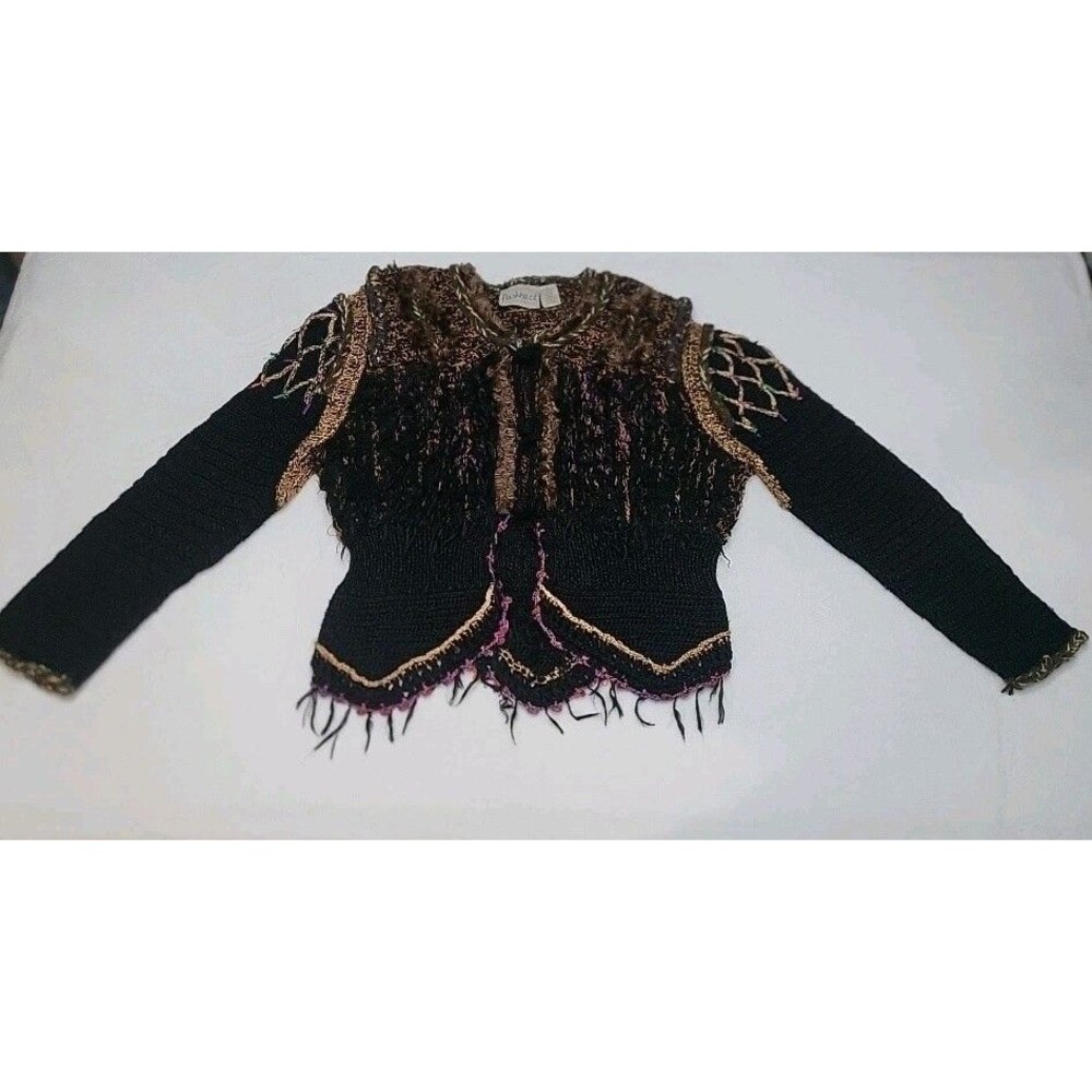 Rare Vintage Flashback Cardigan Sweater Womens MD Knit Black Brown Fuzzy
